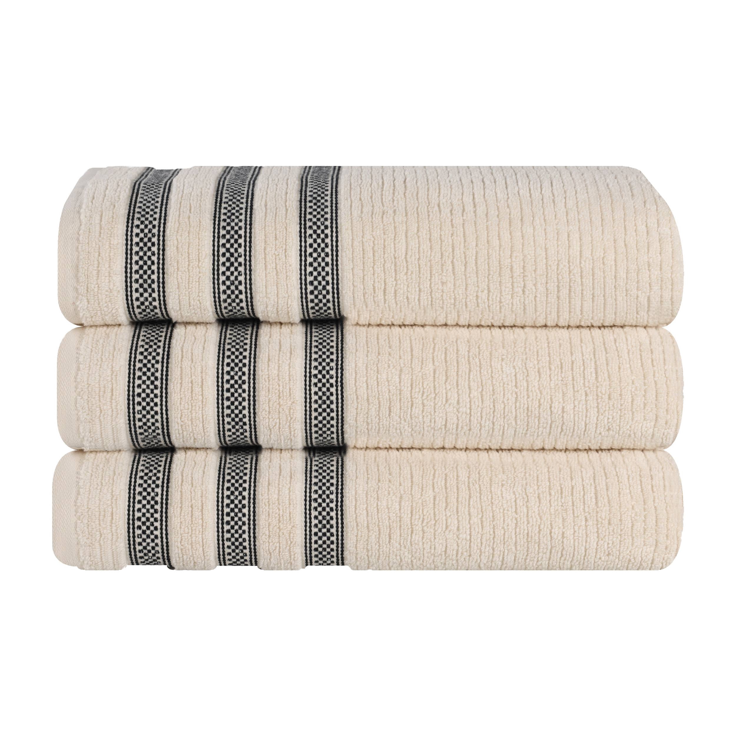 Superior Zero Twist Cotton Ribbed Geometric Bath Towel Set of 3 , Ultra Soft Quick Dry, Ivory