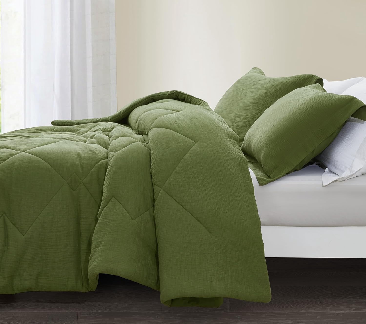 Chezmoi Collection Skye 3-Piece 100% Cotton Muslin Thin Comforter Set Queen, Olive Green Reversible Soft Washed Cotton Gauze Breathable Lightweight Summer Blanket