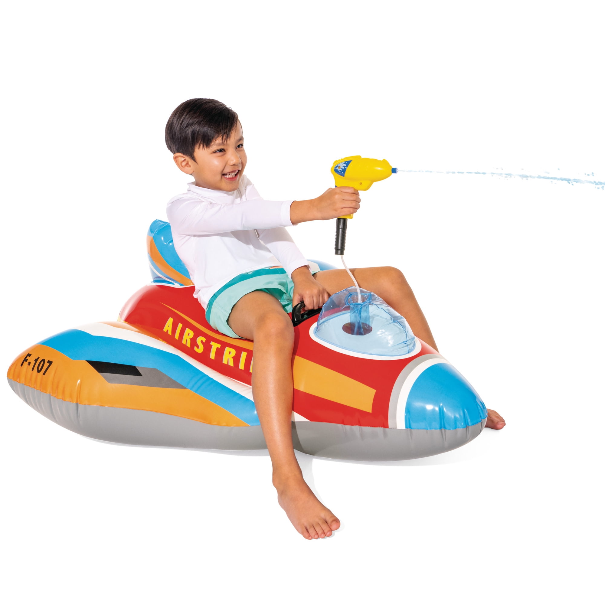 Intex: Jet Fighter Plane Pool Float - Assorted Color, Red OR Blue - Inflatable Ride-On, Attached Water Blaster, Pool & Water Play, 88lb Cap, Kids 3+