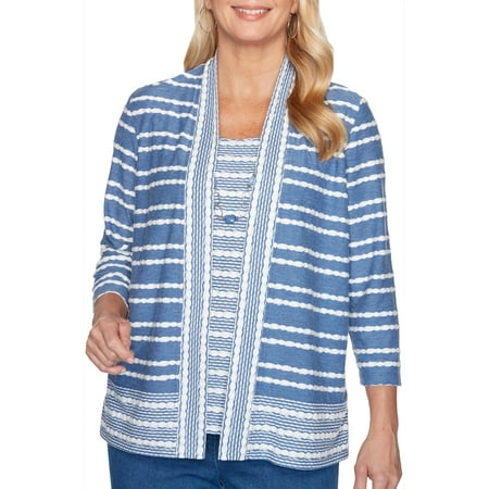 Alfred Dunner Womens Pearls of Wisdom Stripe Top