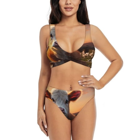 Zeuib Sunset Calf Flower Field High Waisted Tummy Control Bikini Set - Knot Front Push Up Top & Cheeky Thong Bottom  Two-Piece Swimsuit for Women-X-Large