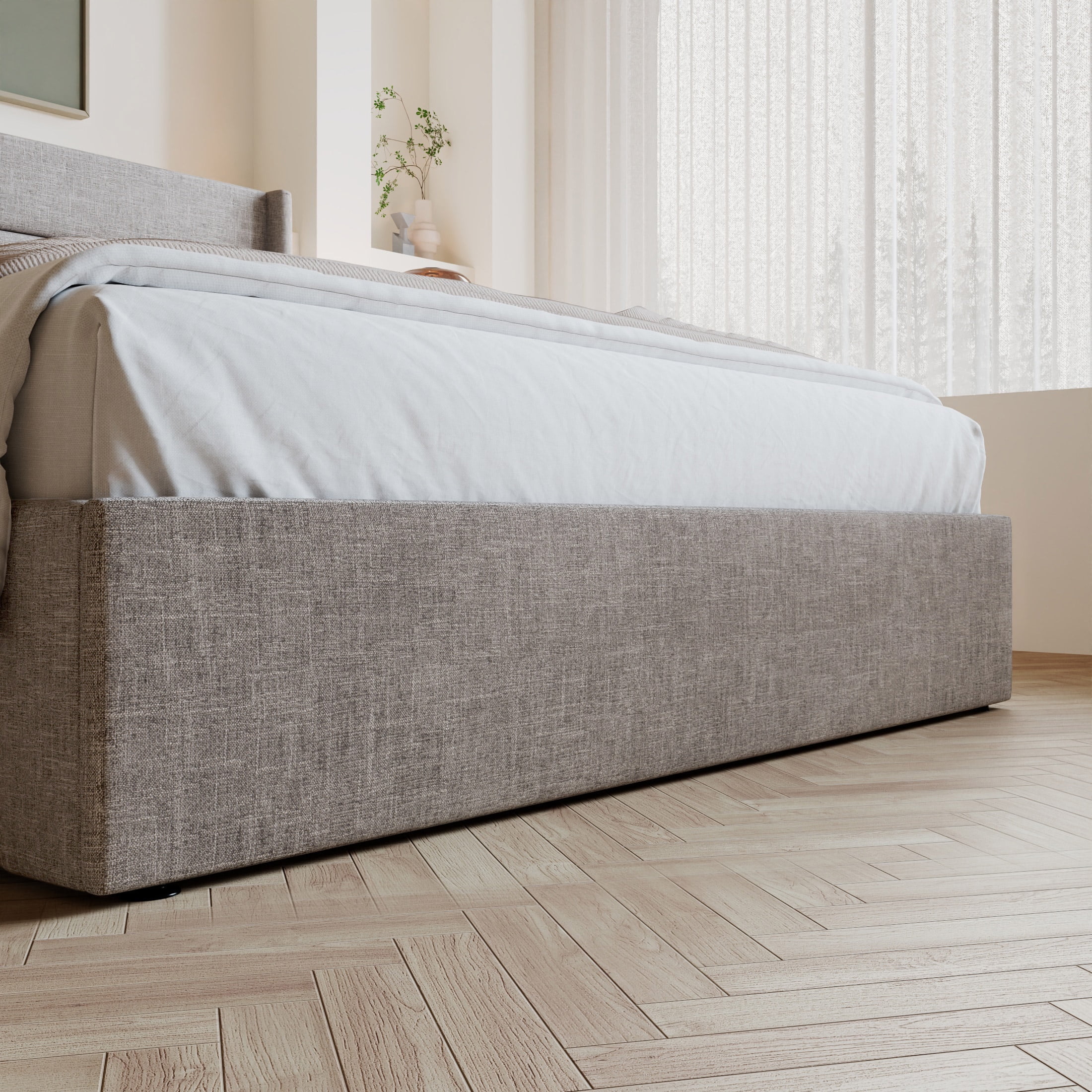 Amolife Full Size Upholstered Lift up Storage Platform Bed Frame with Fabric Panel Wingback Headboard, Beige