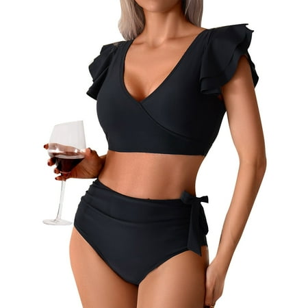 Divhosrg High Waisted Bikini Sets for Women Tummy Control  Bikini Sets for Women Sexy  Tummy Control Bathing Suits for Women  Womens Swimwear Tankini  Black Swimsuits for Women Plus Size L
