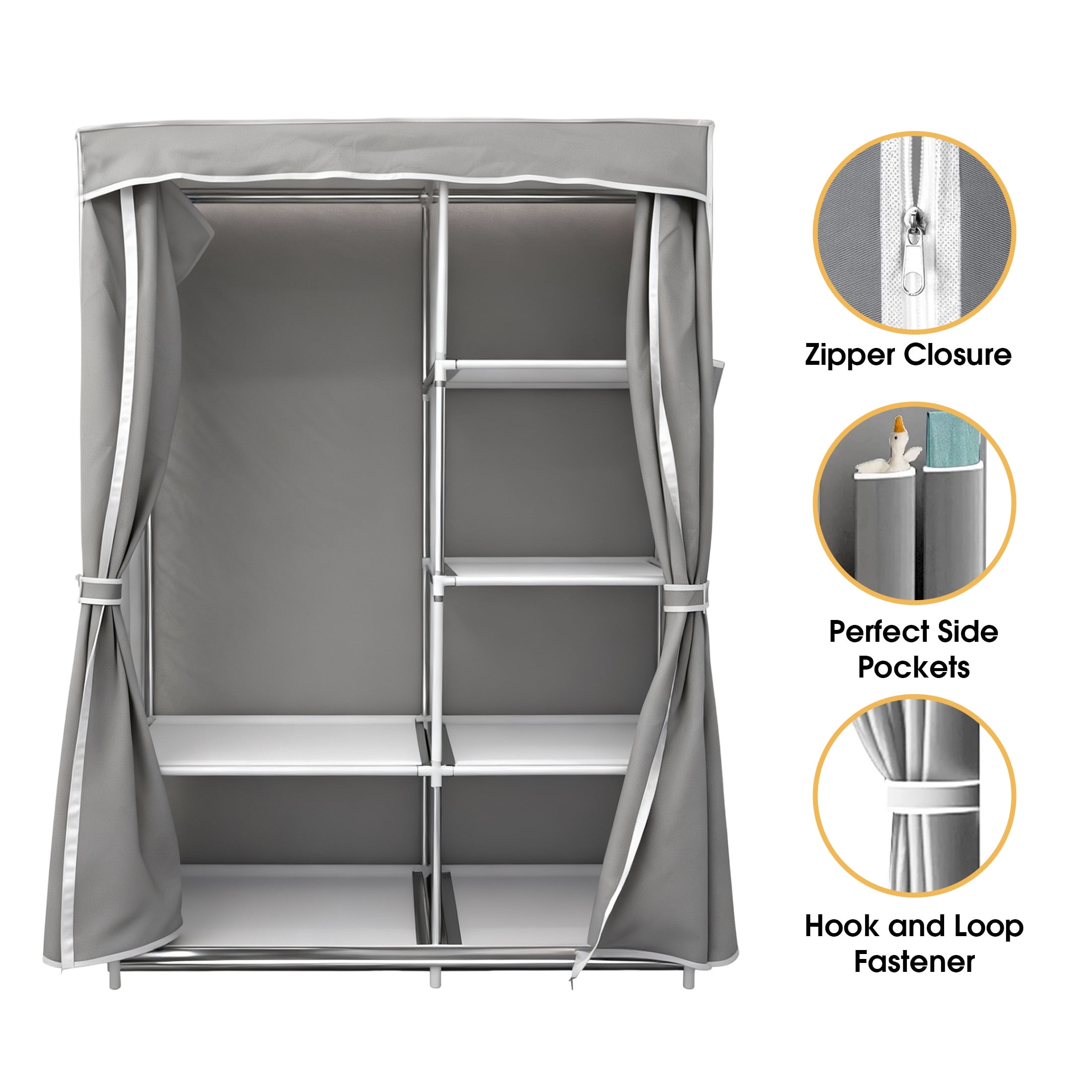 CISILOV Portable Closet Organizers, Wardrobe Closet with 1 Hanging Rod, 6 Storage Shelves & 2 Side Pockets, Free Standing Closet Clothes Organization & Storage with Cover for Bedroom, Dorm