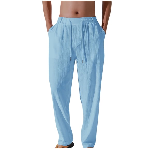 BVnarty Men's Casual Solid Straight Leg Long Pants Elastic Drawstring Waist with Pockets Breathable Everyday Outdoor Walking Trousers Blue XXXL
