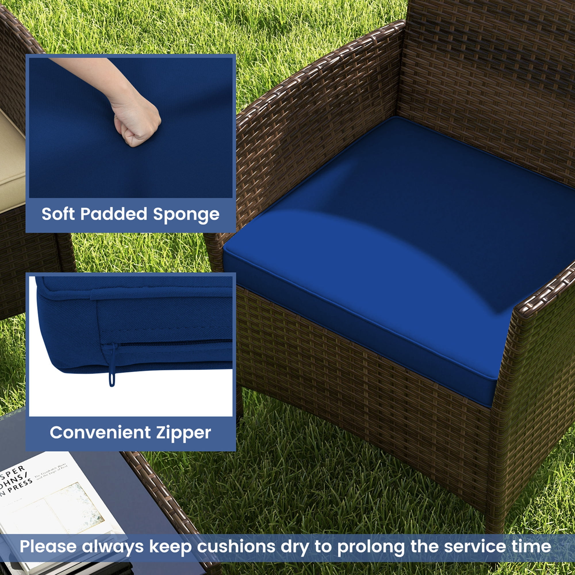 Costway 8 PCS Patio Furniture Set with Washable Cushions and Tempered Glass Coffee Table Navy