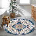 thumbnail image 3 of Round Area Rug 4ft, Navy Blue Yellow Non-slip Area Rugs for Living Room/Bedroom/Bathroom/Kitchen, Boho Southwestern Ethnic Mexican Flowers Washable Throw Floor Mat Indoor Outdoor Entrance Doormat, 3 of 9