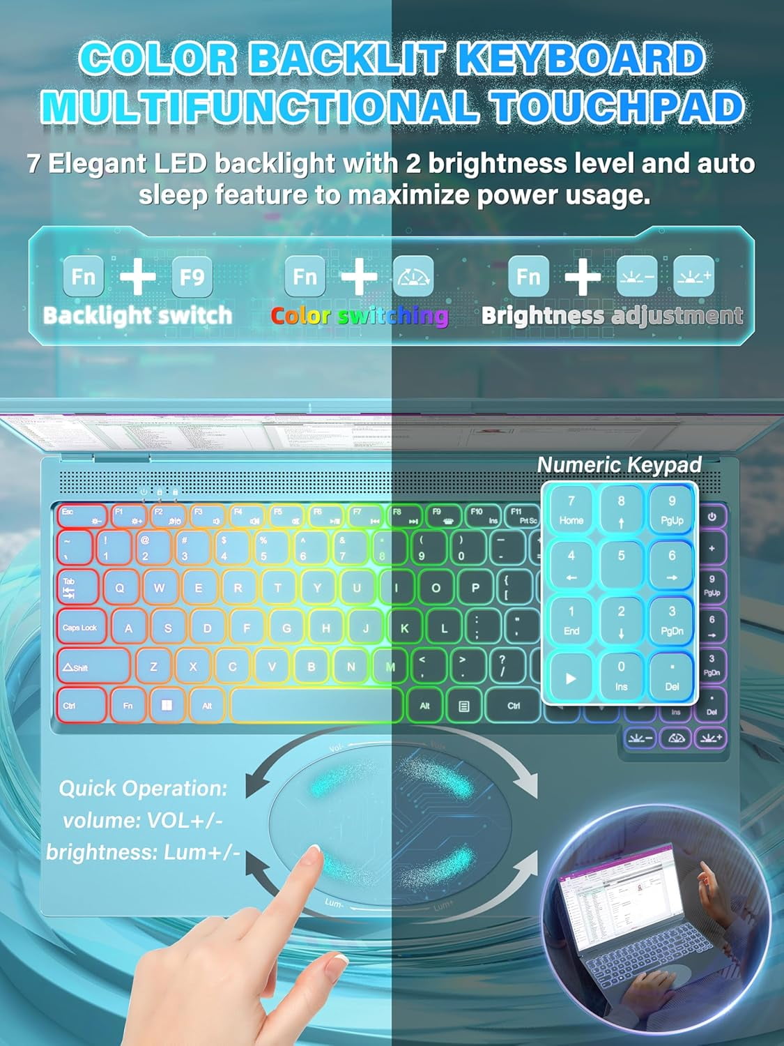 【Win 11 Pro/Office 2019】16" Blue Ultra-Narrow Bezel Laptop, DDR4 16GB RAM, 1TB SSD, Full HD (1920x1080),Celeron N95 (3.4GHz),Color Backlit KB, Face Unlock, USB3.0/HDMI/WiFi/BT, PC Notebook