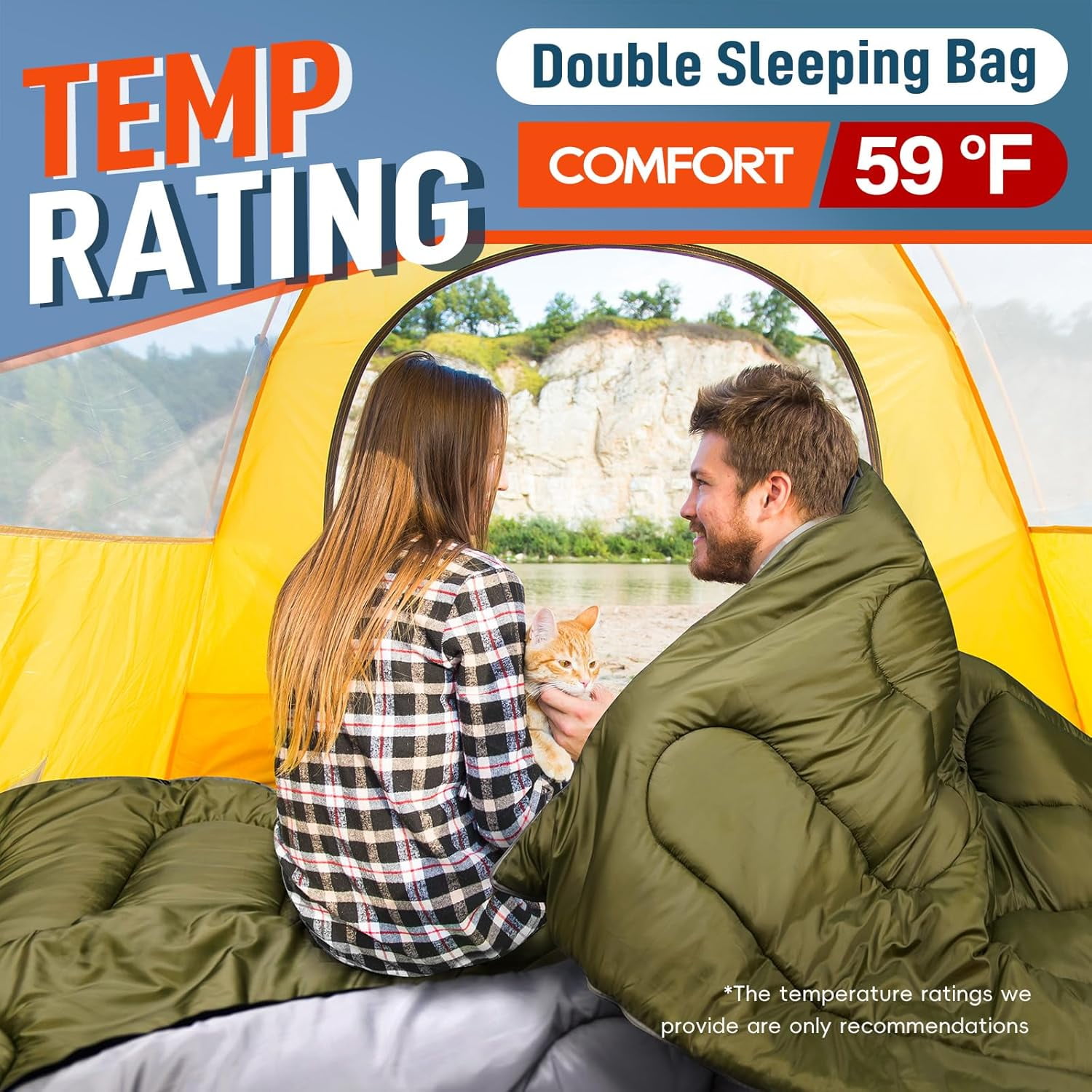 Double Sleeping Bag for Adults Mens with Pillow, XL Queen Size Two Person Sleeping Bag for All Season Camping Hiking Backpacking 2 Person Sleeping Bags for Cold Weather & Warm