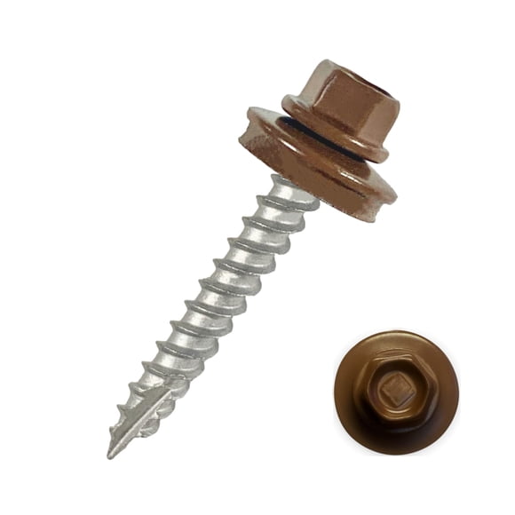 EAGLE 1 Metal Roofing Screws #10 - Painted Hex Head Self-Tapping Screws with EDPM Rubber Washer for Metal to Wood, Vinyl, Small Sheet Metal - Free Magnetic Driver (Brown, 2 Inch, 500)