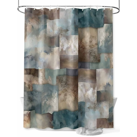 Marble Teal Shower Curtain, Brown Abstract Geometric Lines Waterproof Shower Curtain Set with 12 Hooks Lightweight Washable Fabric Shower Curtains for Bathroom 72x78 Inches