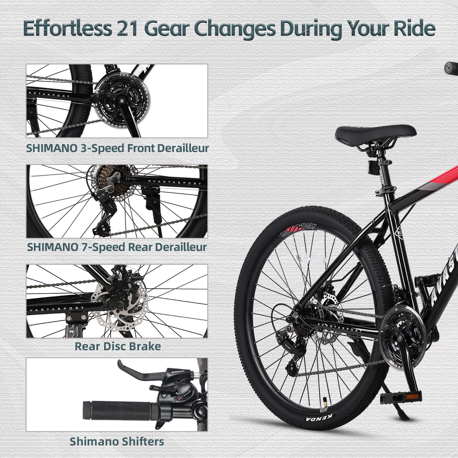 AVASTA 27.5-inch Mountain Bike for Man Male and Woman Female Adult with Lightweight Aluminum Alloy Frame and Dual Disc Brakes,Front Suspension,21-Speed Gear Shifters,Hidden Brake Cables,Red