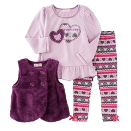 Kids Headquarters Infant Girl Purple Shirt Faux Fur Vest Heart Leggings