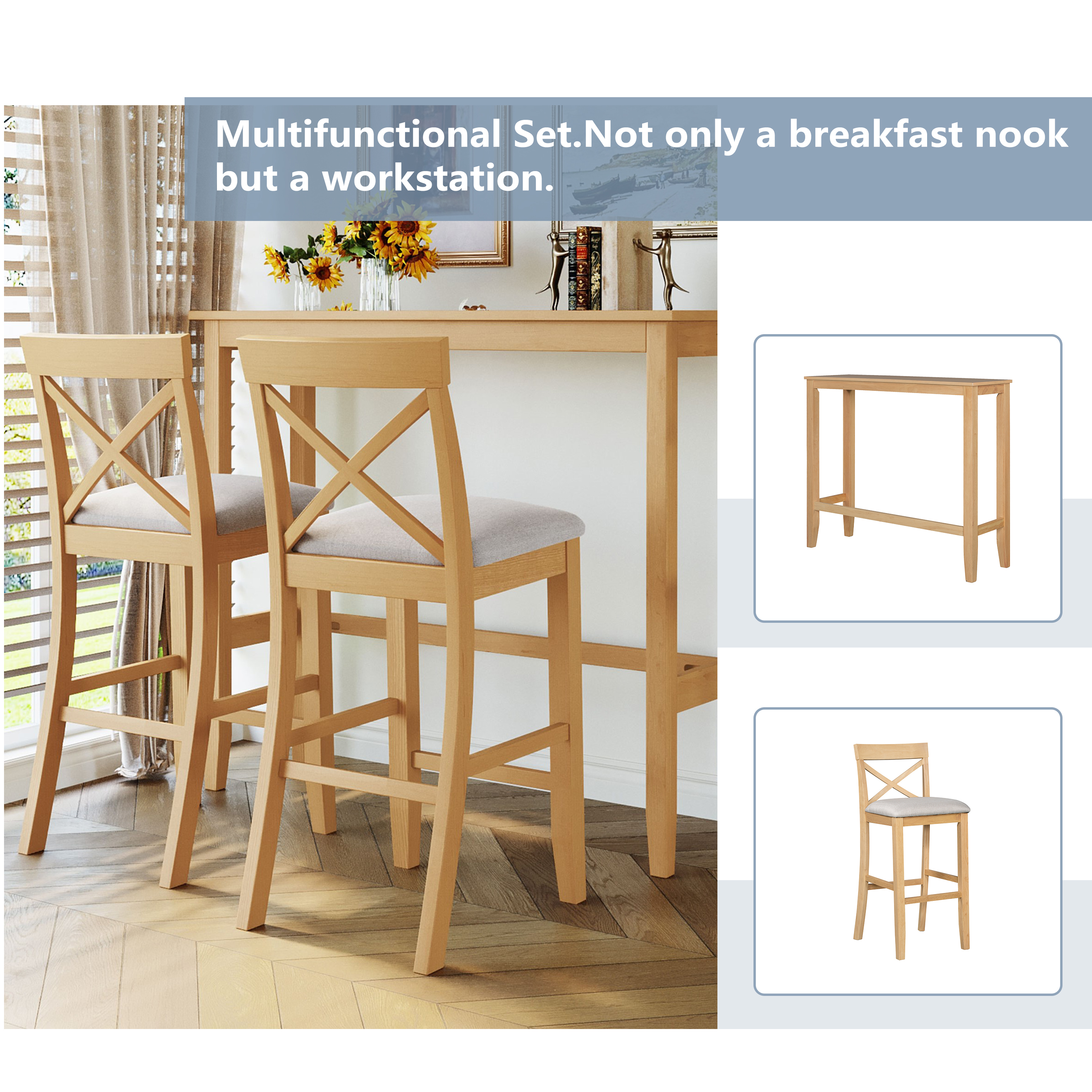Euroco Farmhouse 3 Piece Dining Set,48" Rectangular Wood Bar Set Kitchen Breakfast Nook with 2 Chairs for Small Places,Natural