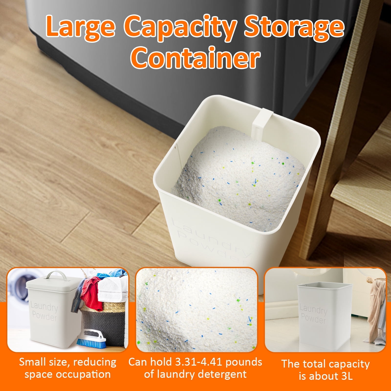 FUYGRCJ Washing Powder Storage Box, 3L Metal Laundry Detergent Storage Container, Laundry Powder Container Bin with Handle Lid Spoon for Laundry Room Travel