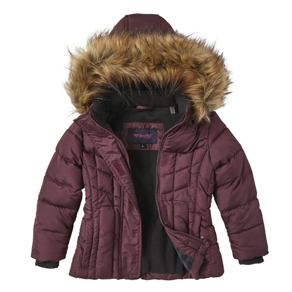 Girls Quilted Fleece Lined Winter Puffer Jacket Coat Faux Fur Trim Zip-Off Hood - Merlot (5/6)