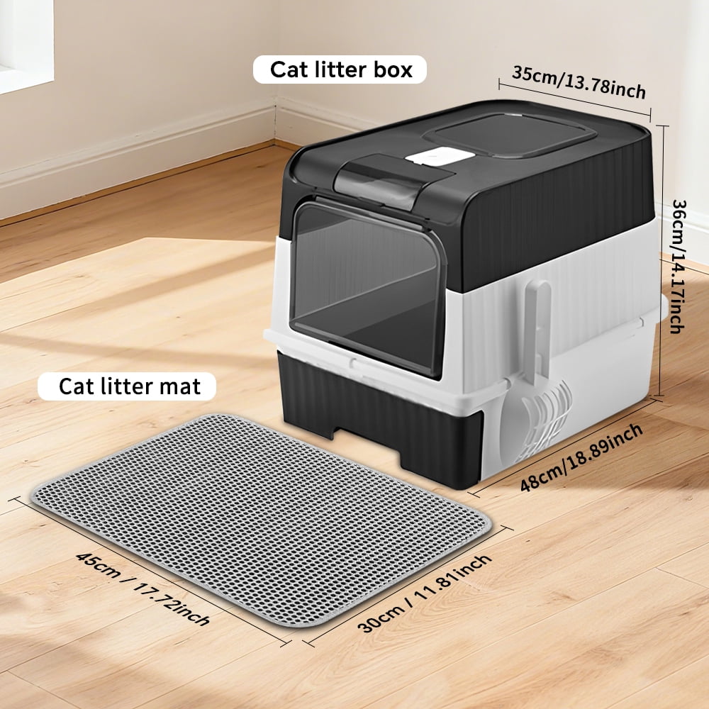 Fully Enclosed Cat Litter Box + Mat, Black/20.5*13.8in