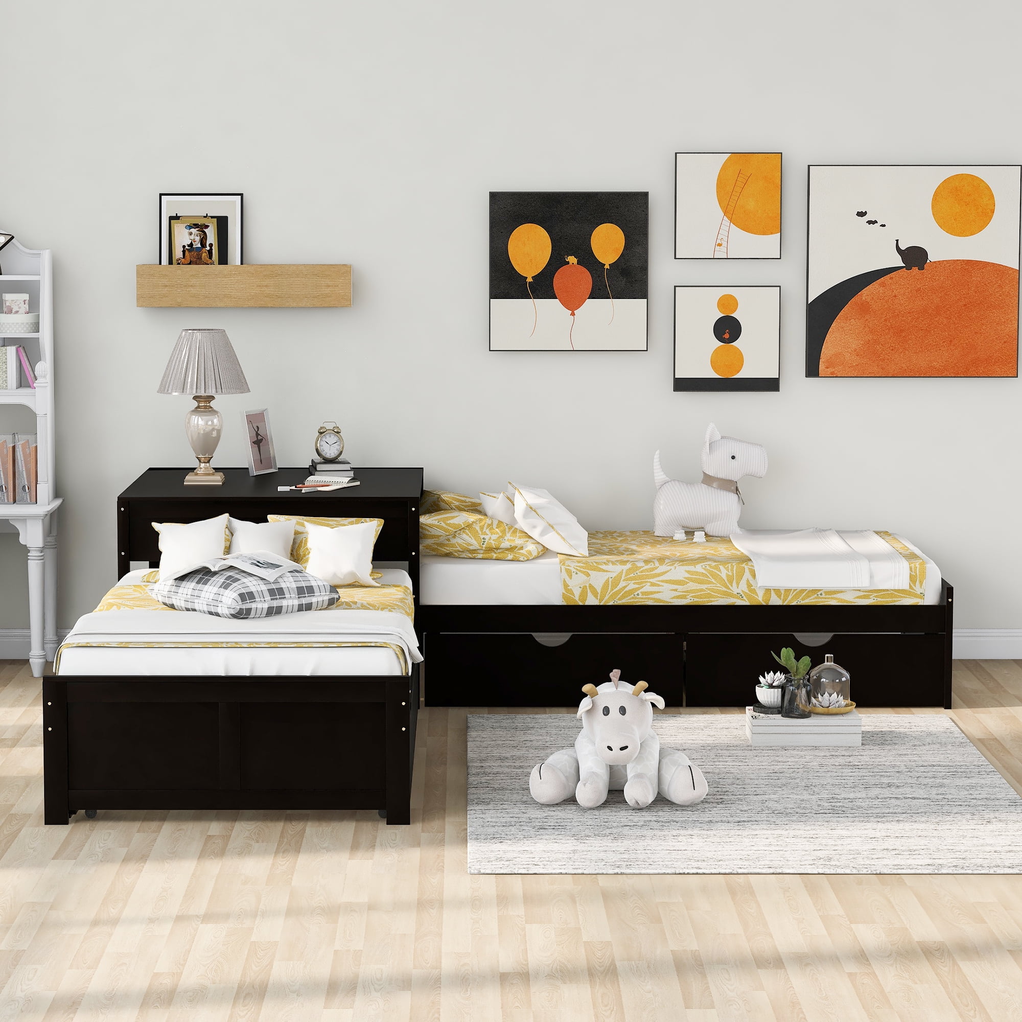 Euroco Pine Wood L-Shaped Twin Platform Bed with Trundle, 3 Beds in One for Bedroom, Trundle Bed with Drawers and Built-in Desk, Espresso