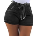 thumbnail image 4 of Pantalones cortos de mezclilla para mujer Pantalones cortos ajustados Pantalones calientes de cintura alta Elástico lavado, Negro, S Eigraketly AP1049-07B, 4 of 7