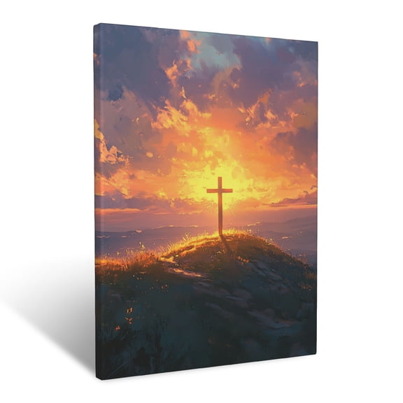 CozyNet The Cross Glowing On A Tranquil Hill At Sunset With Golden Rays Sacred Divine Triumph & Seren Wall Art Prints With Frame Canvas Perfect for Living Room & Bedroom, Wall Decor 12"x16"