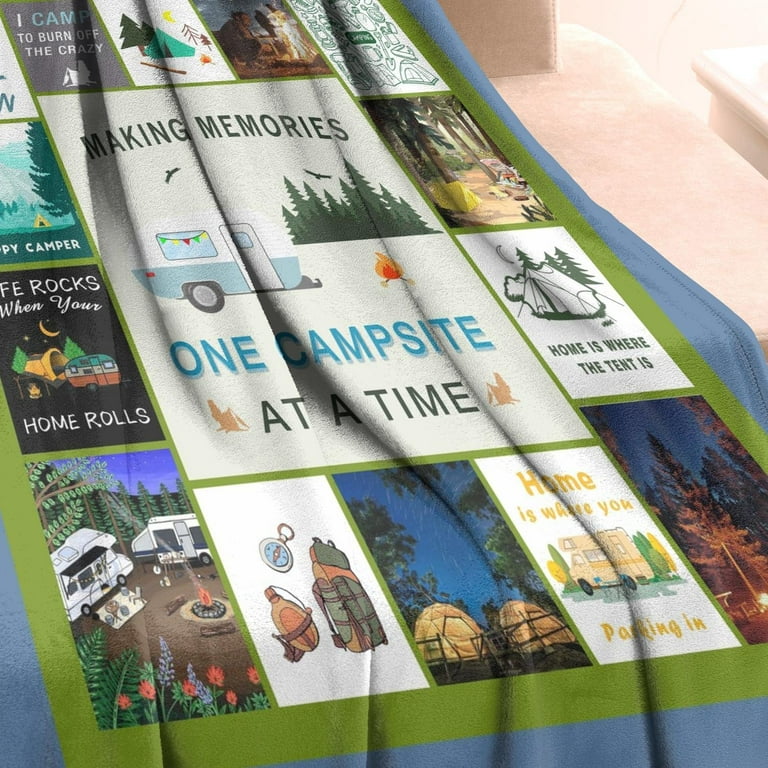 Happy Camper Fuzzy Flannel Blanket Soft Lightweight Camping Blanket for Travel Bedroom Outdoor Gift for Camper Lover 40x50 Inch