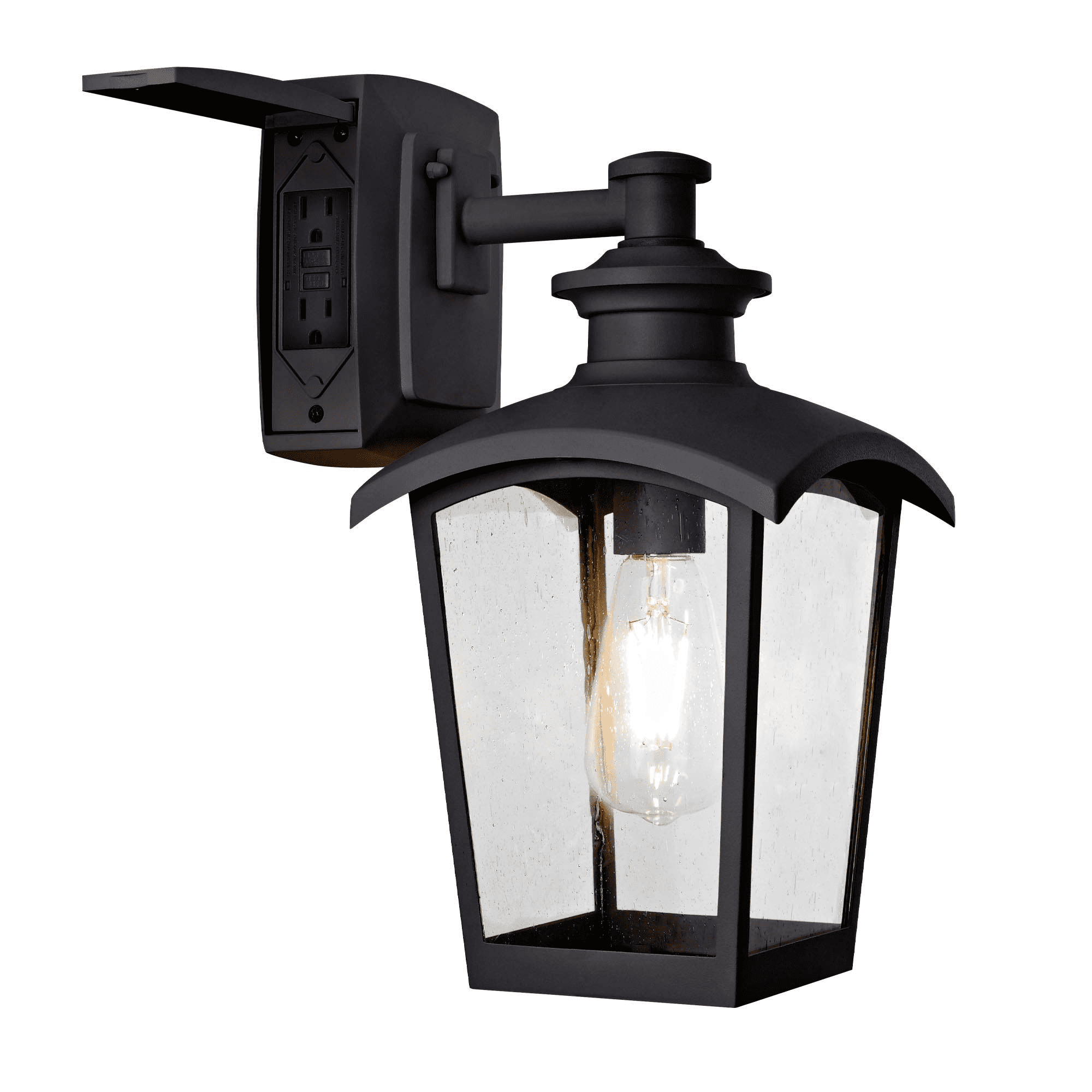 31703 Spence 1-Light Outdoor Wall Lantern with Seeded Glass and Built-in  GFCI Outlet, Black