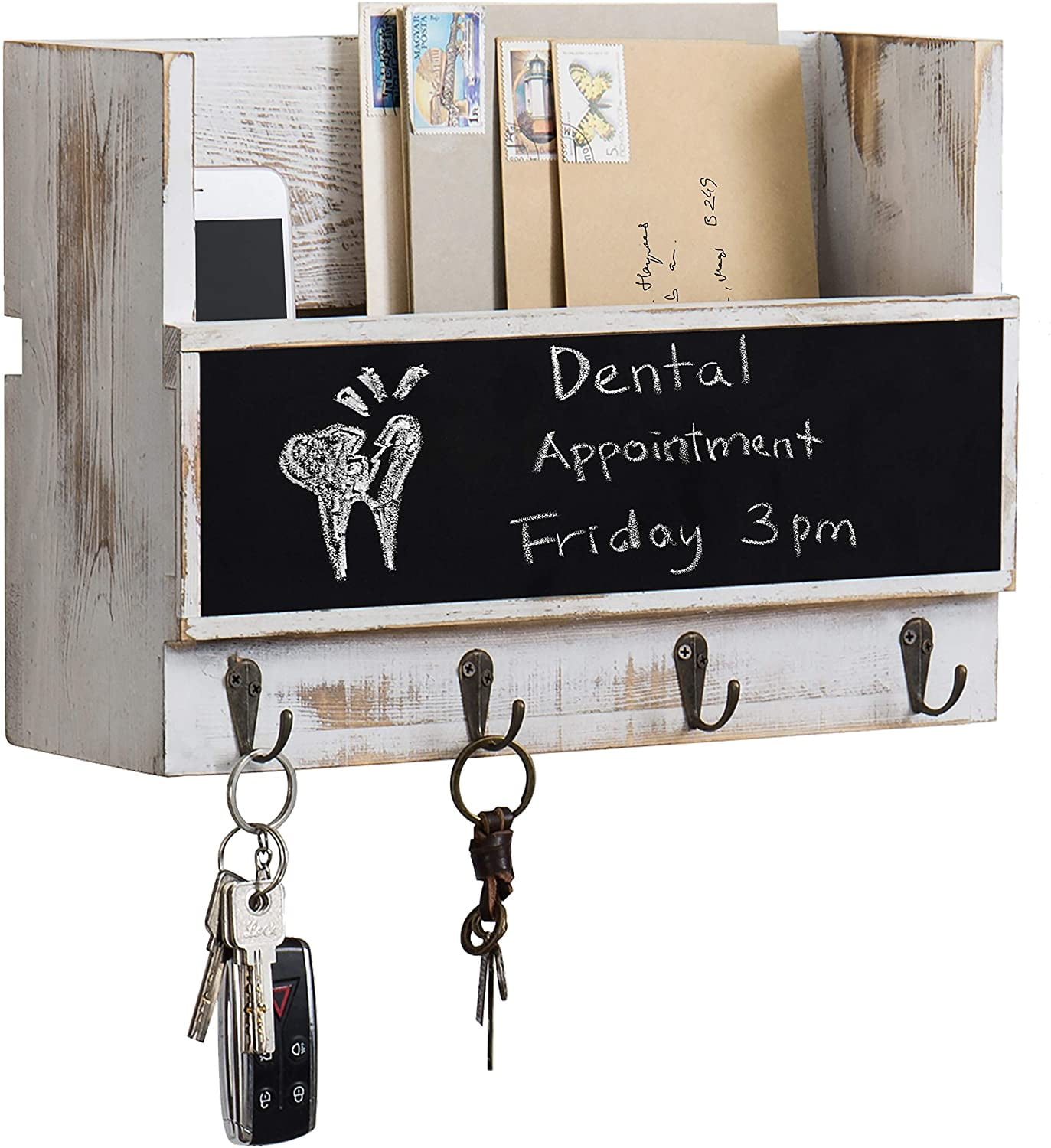 Whitewashed Wood Mail Holder and Key Rack with Chalkboard Panel 