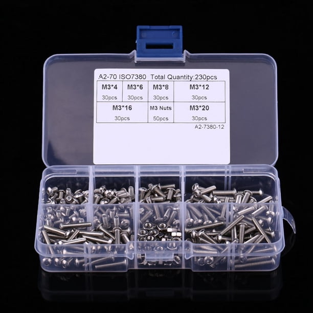 230 UDS M3 Tornillos de Cabeza de Botón Kit Hexagonal Surtido de Pernos y Tuercas Surtido de Tornillos Métricos de Acero inoxidable 304 Con Caja