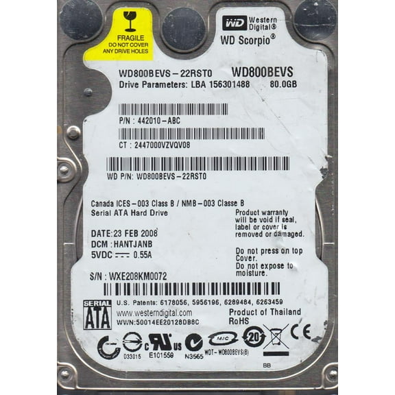 WD800BEVS-22RST0, DCM HANTJANB, Western Digital 80GB SATA 2.5 Hard Drive