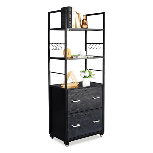 VINGLI 2 Drawer Vertical File with Open Shelves and Wheels, Wooden Filing with