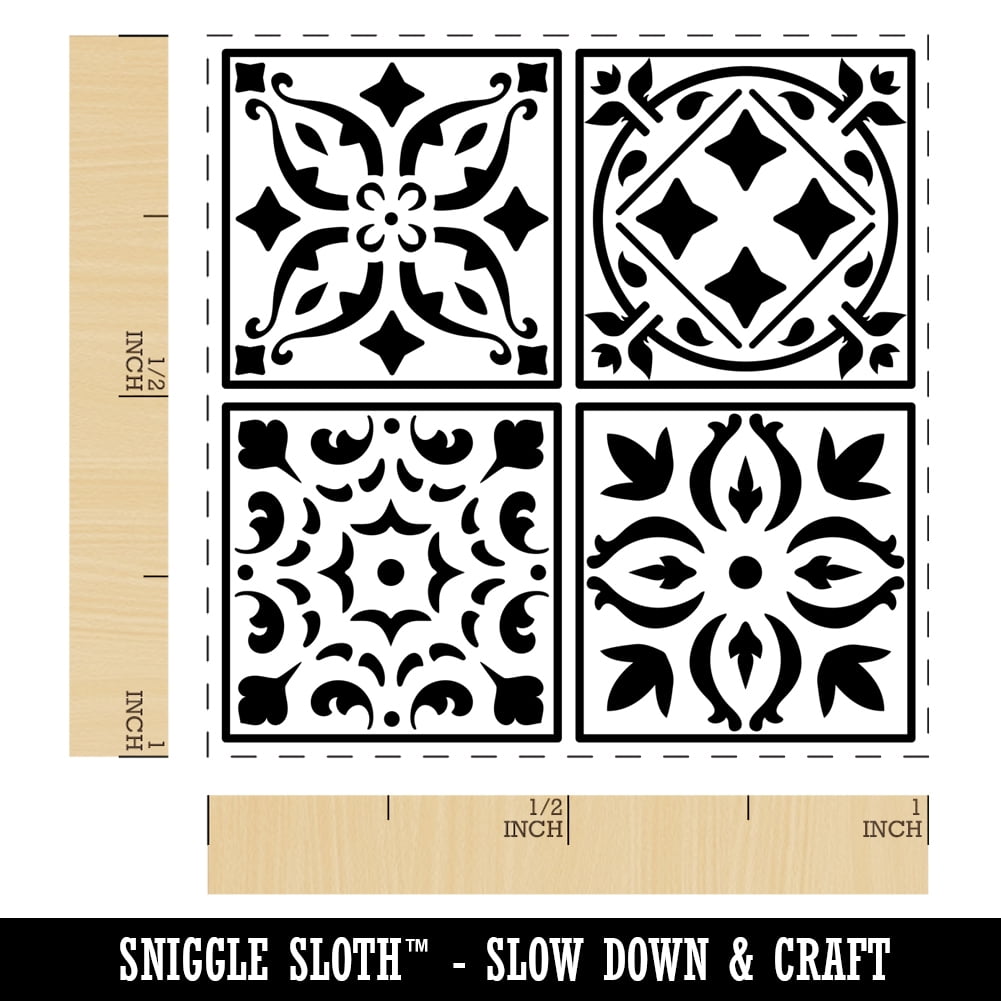 Mediterranean Mosaic Floral Tiles Pattern Self-Inking Rubber Stamp Ink Stamper - Brown Ink - Small 1 Inch
