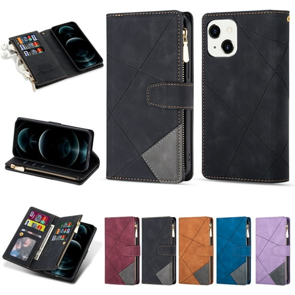 Dteck Wallet Case for iPhone 14 Plus,Magnetic Leather 9 Card Slots Zipper Purse Flip Case Shockproof Rubber Kickstand Lanyard Strap Wristlet Phone Cover,Black