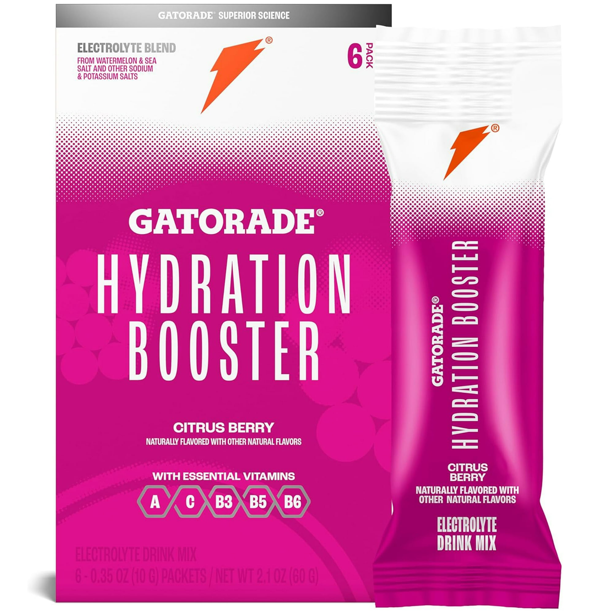 Gatorade Hydration Booster Electrolyte Drink Mix Powder, Citrus Berry, 2.1 oz, 6 Pack