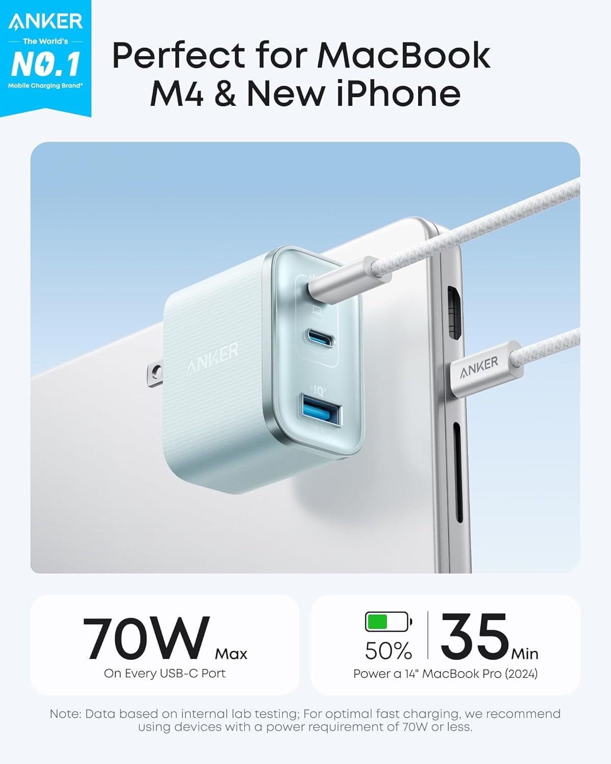 Anker Nano Charger, Ultra-Fast 70W Output 3-Port USB C Charger Block, Fast Charging, Compact and Stylish,