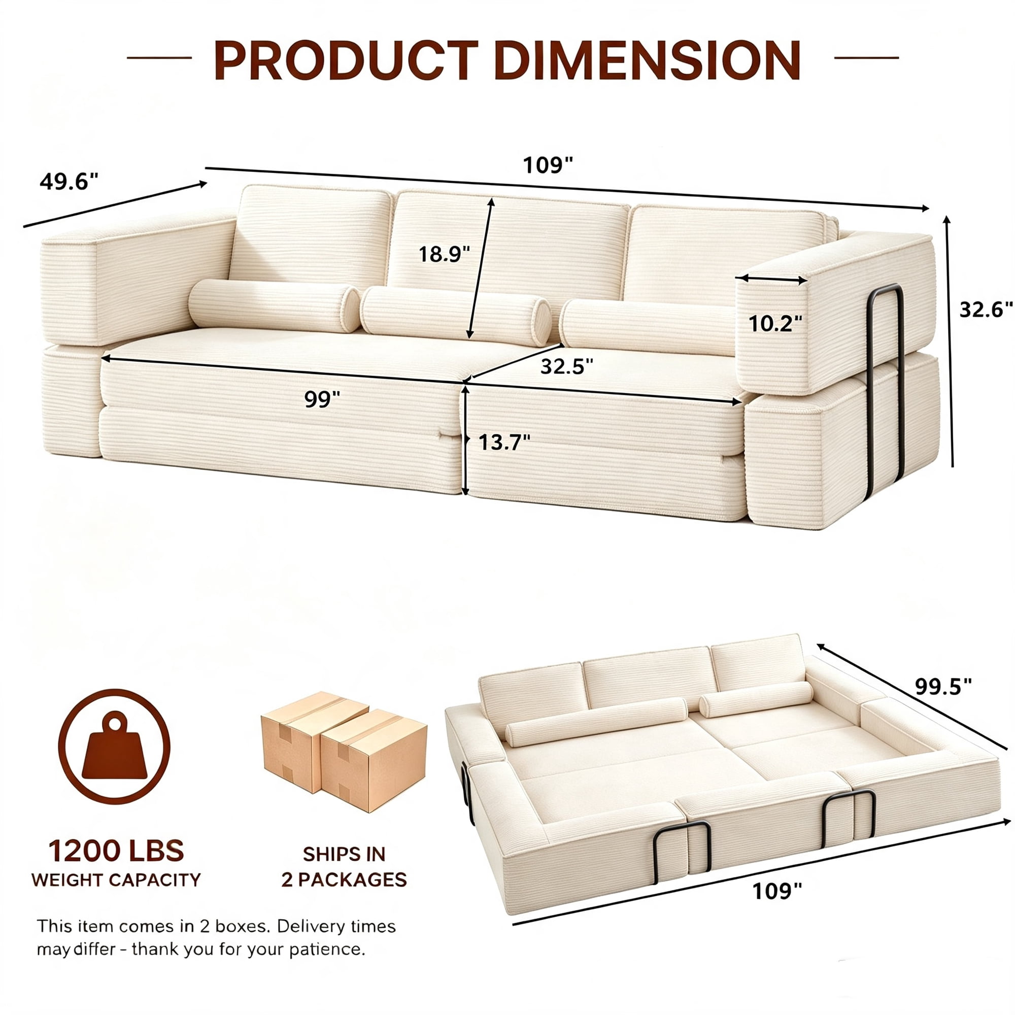Aukfa 109" Oversized Convertible Sofa Bed Futon with Fixed Frame, Folding Pull Out Modular Boneless Sofa for Living Room, Corduroy, Beige