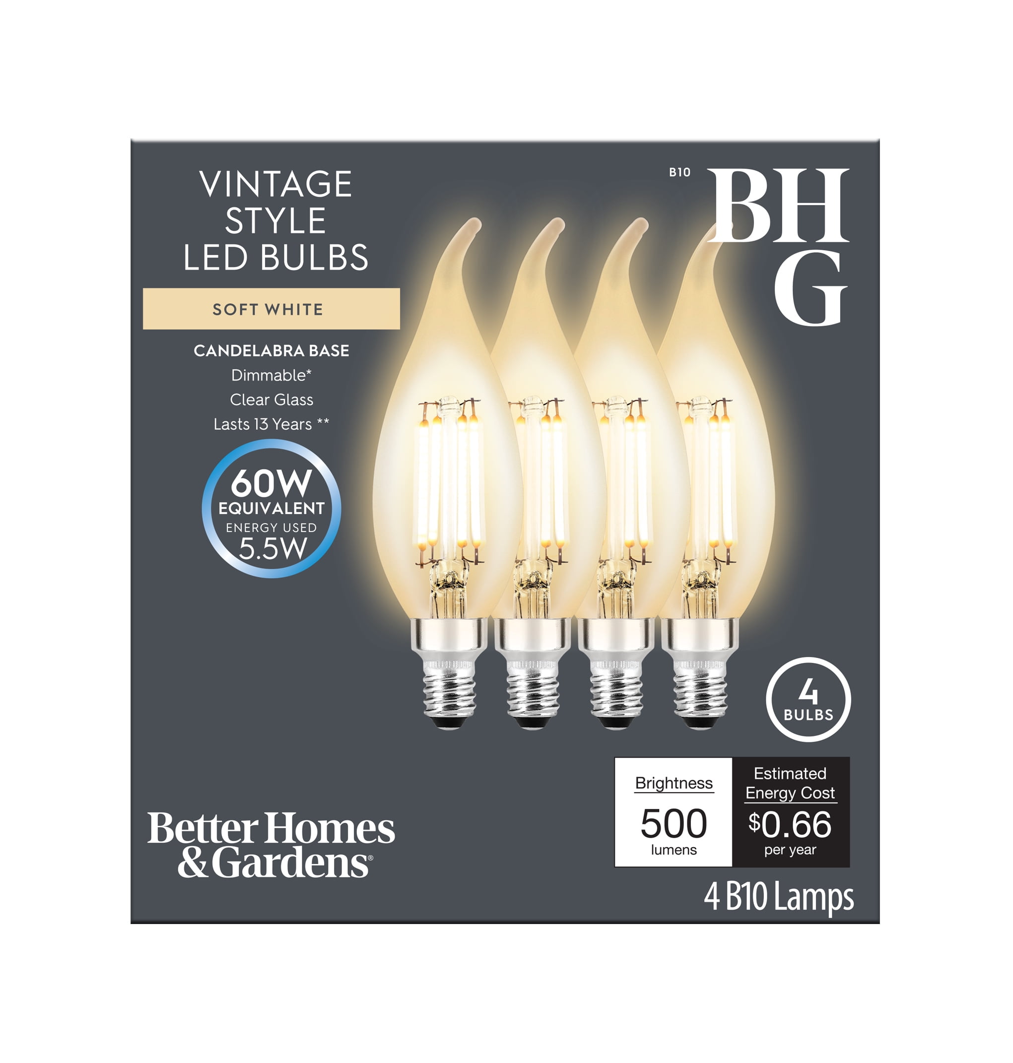 (2 pack) Better Homes & Gardens B10 Vintage LED Light Bulb, 60 Watts, Soft White, E12, Dimmable, 4 Pack