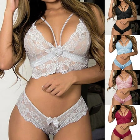 

Foraging dimple Women Plus Size Lingerie Corset Lace Floral Bralette Bra Two Piece Underwear Blue