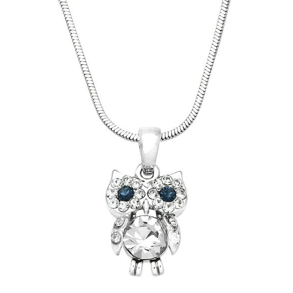 Owl Pendant Necklace or Earring Clear Rhinestone Crystal Rhodium Plated 17 Inch Snake Chain J0284-CR