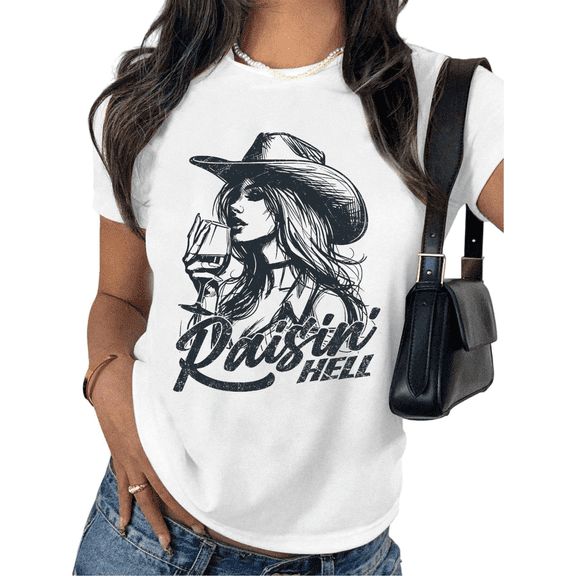 Women's Fresh & Edgy "Raisin' Hell" Cowgirl Graphic Casual T Shirt Comfortable Short Sleeve Round Neck Top White S-5XL
