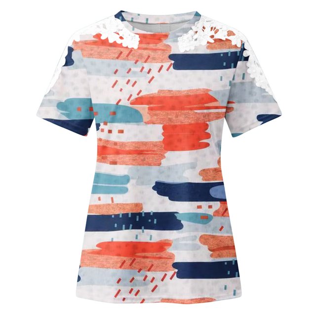 TopLLC Hauts Grande Taille pour Femmes Manches Courtes Col Rond T-Shirt Coupe Ample Dentelle Tunique à Volants Ajourée