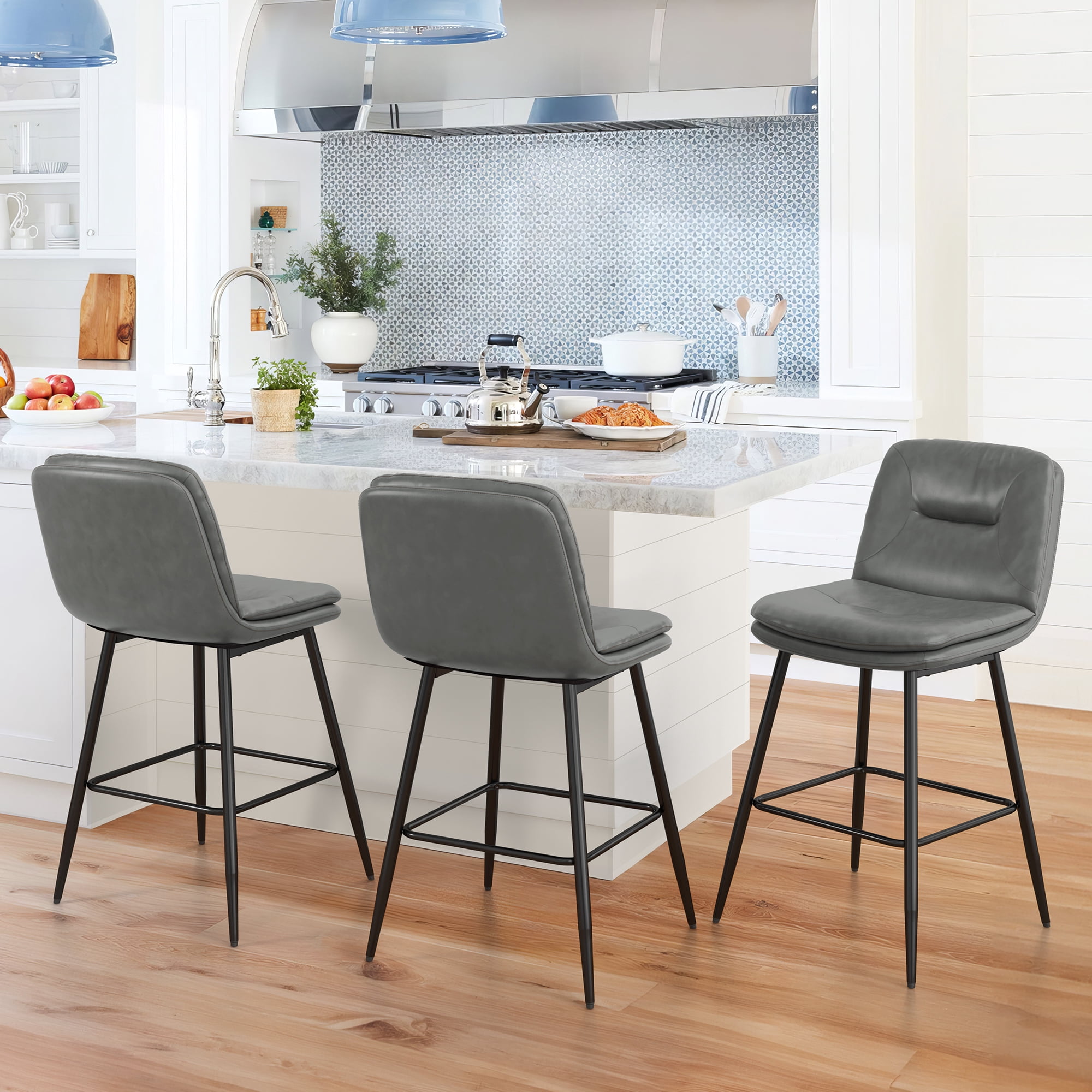 Dycanpo 24”H Bar Stools Set of 3, Double-Layer Upholstered, for Home Kitchen, Gray