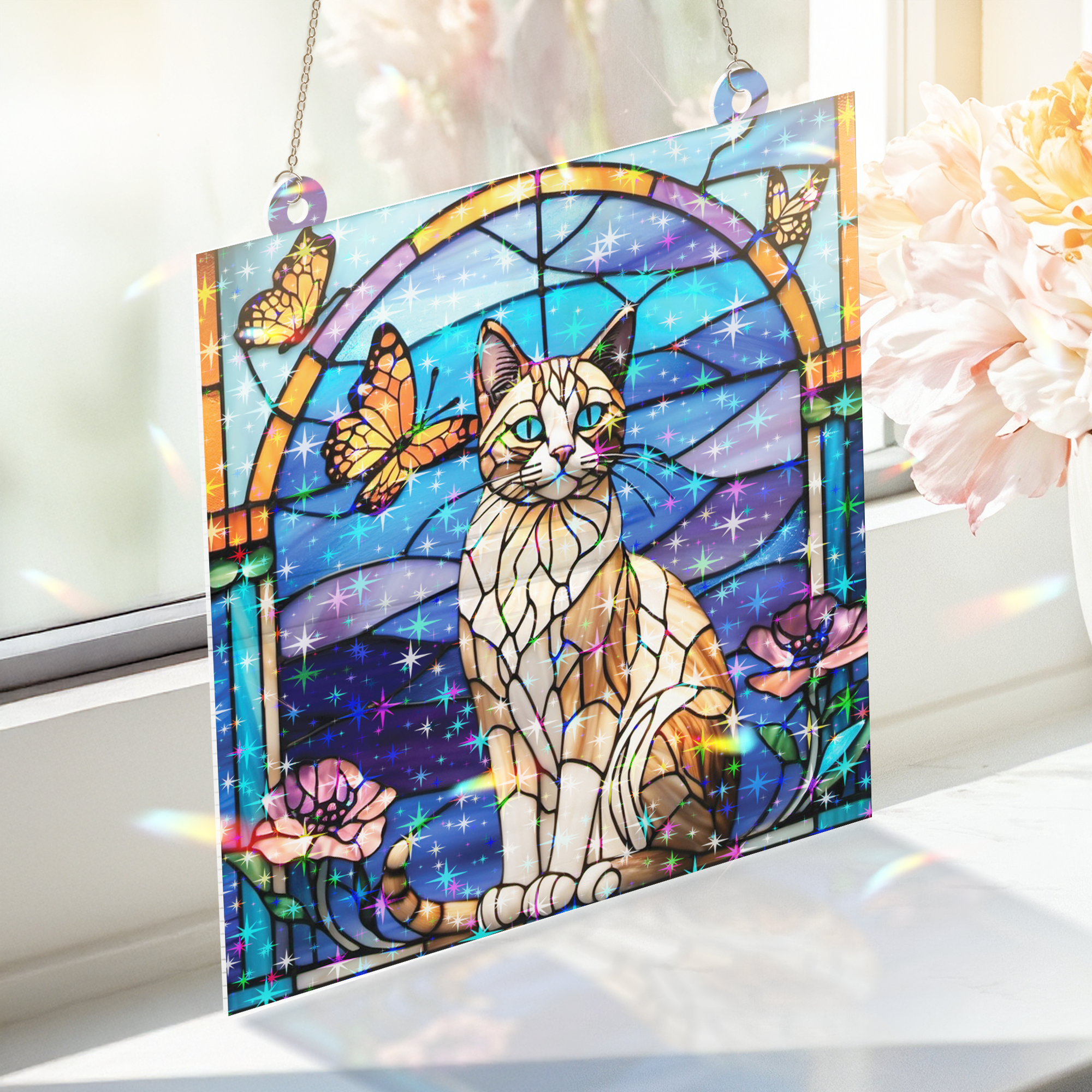 89Bloom Cat and Butterfly Stained Glass Hologram Ornament, Stained Glass Suncatcher Ornaments Home Decor, Holographic Ornaments