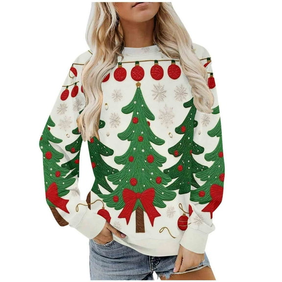 Lorytime Vintage Crewneck Sweatshirt Women Christmas Tree Print Fleece Shirt Long Sleeve Pullover Tops for Holiday