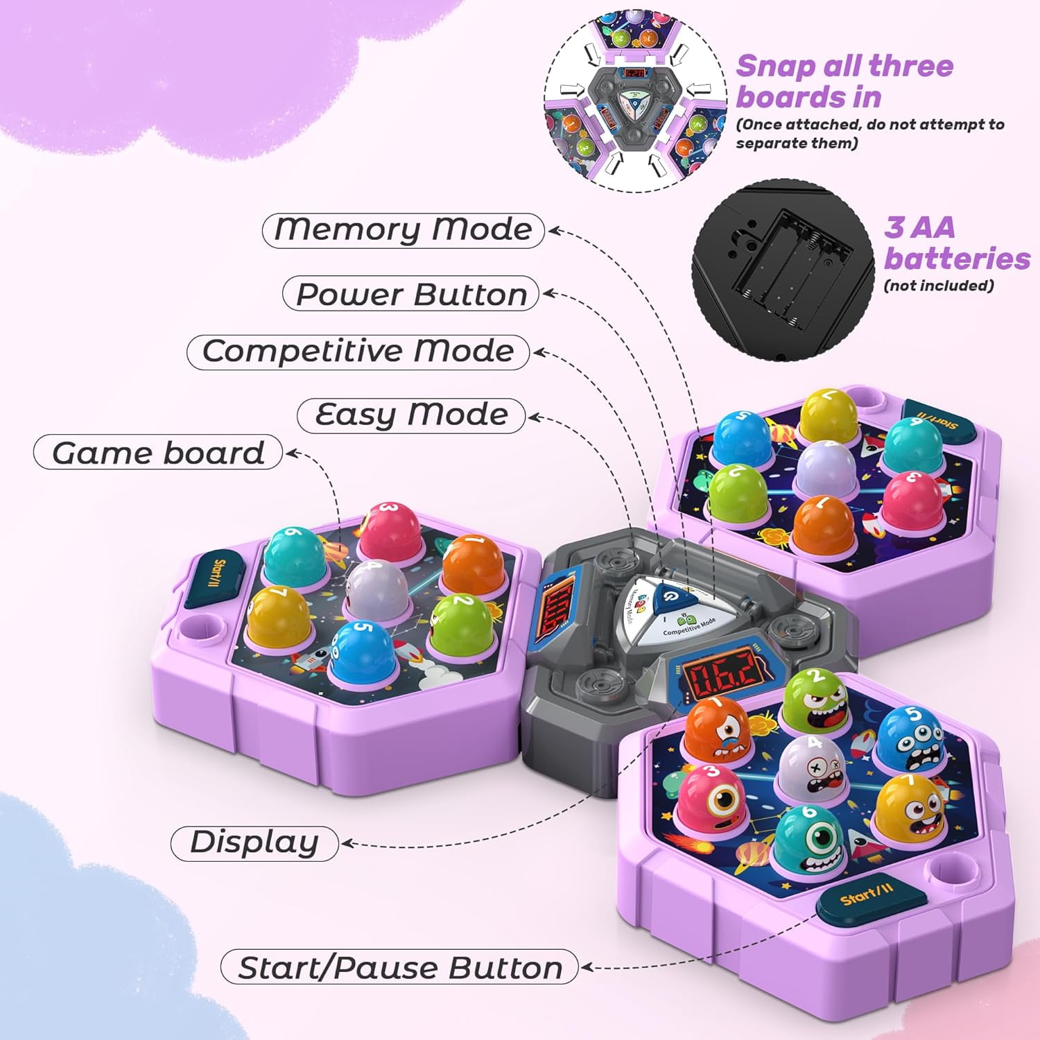 3-Player Whack Game Mole Toy , Early Learning Toy with Lights & Sounds, Interactive Pounding Hammer Toy with 3 Game Modes, Perfect for Families