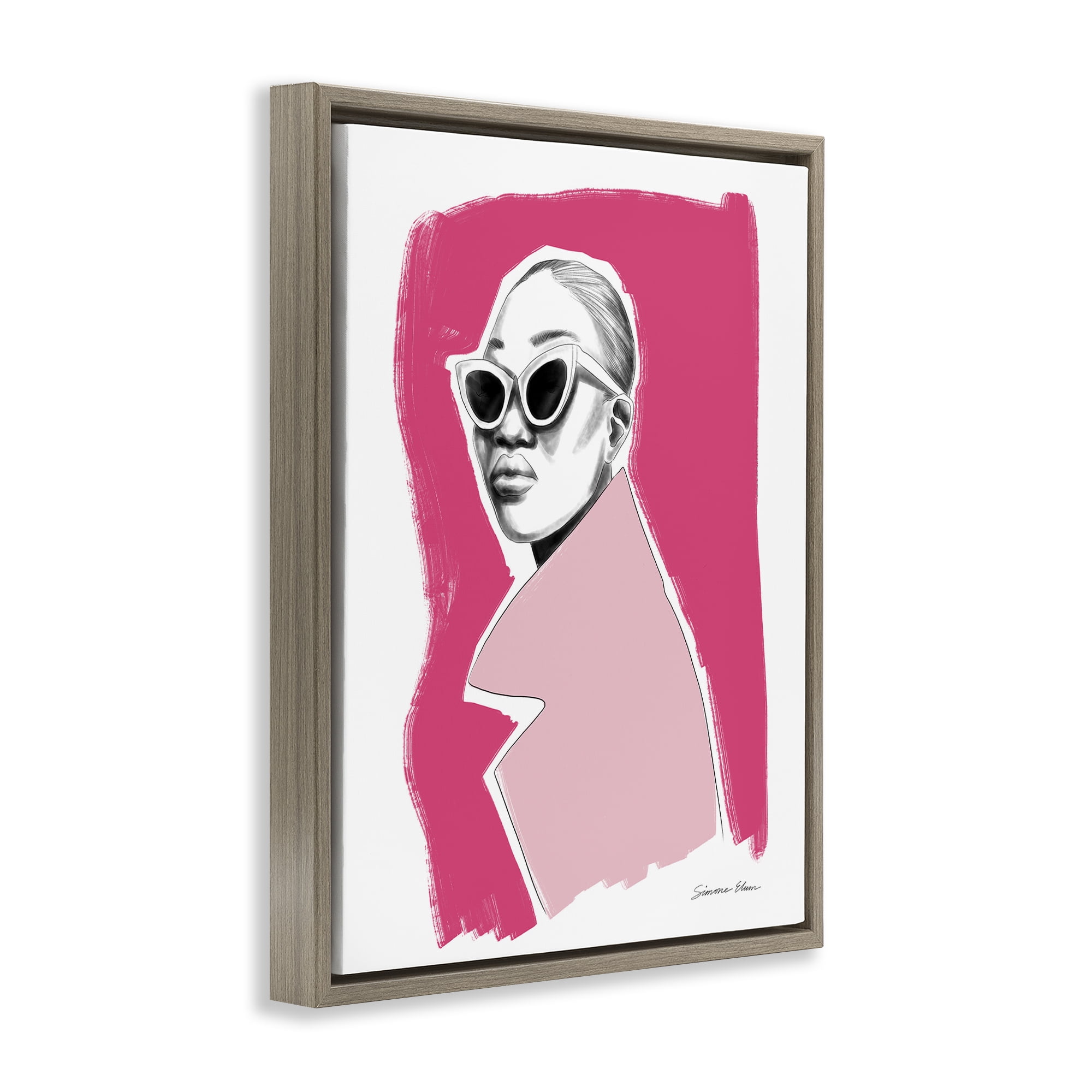 Stupell Industries Pink Attitude Fashion Portrait Brown Framed Floater Canvas Wall Art, design by Simone Elum
