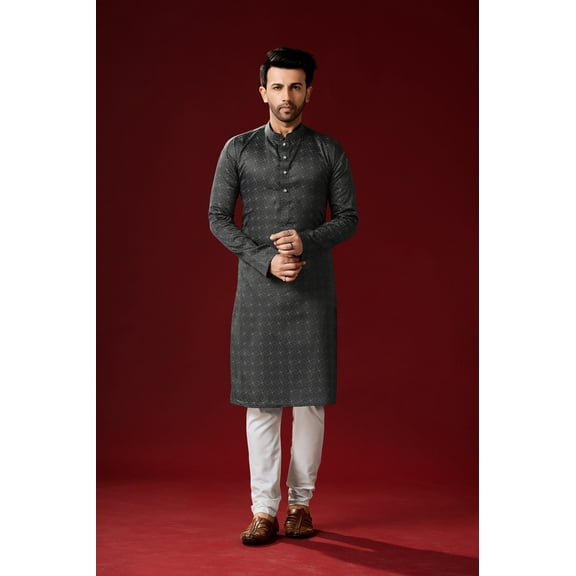 Men's Dark Grey Color Indian Traditional Wear Tunic Cotton Kurta Pajama Set