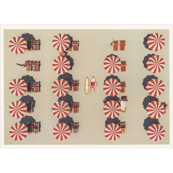 Palm Press Aerial Photo of Santa with Surfboard on Beach and Rows of Red and White Umbrellas Box of 10 Christmas Cards
