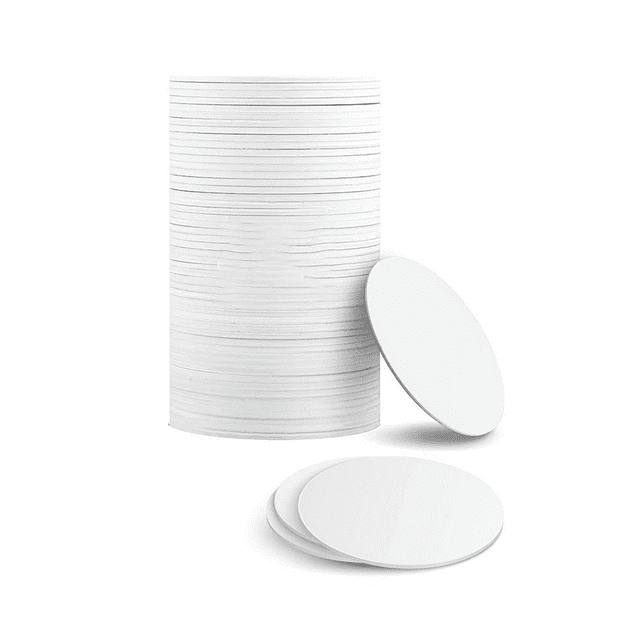 A stack of 50 white NFC tags with a 1.0-inch round diameter, made of durable, waterproof PVC material. These rewritable NFC 215 coin cards, also referred to as NFC stickers, are compatible with NFC-enabled mobile phones and devices. Ideal for data sharing, social media, business cards, and Wi-Fi connections. The tags are abrasion-resistant, non-toxic, and do not include adhesive backing.