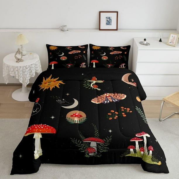Juego de edredón de plumón de seta roja tamaño completo, edredón/colcha estilo boho Star Moon Sun