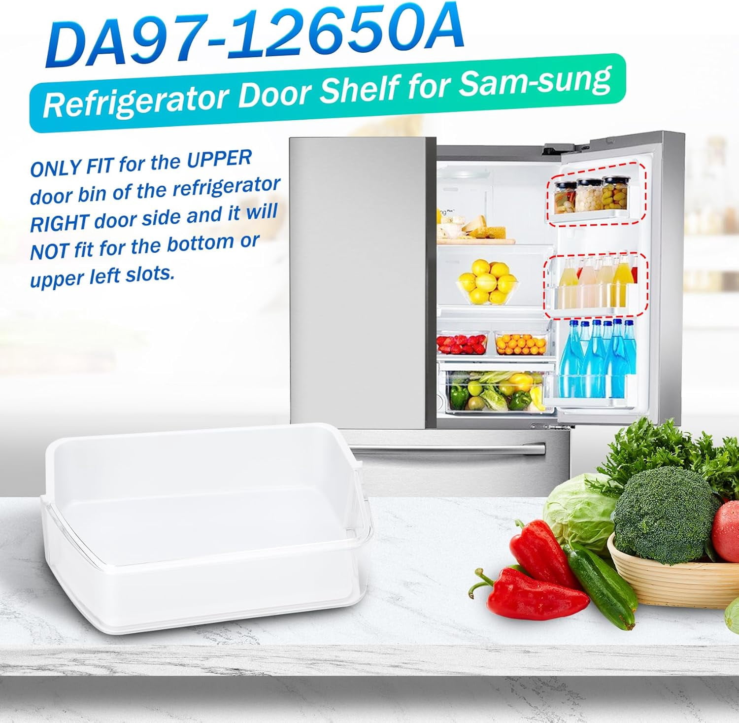 DA97-12650A Door Shelf Bin Basket for Samsung Refrigerator Door Shelf Right Side Replacement for Samsung RF260,RF261,RF263 Refrigerator Shelves Replaces DA63-07104A,2692337,AP5620330,PS4176653-2 PACK